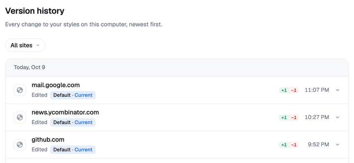 Version history in Options, newest change first