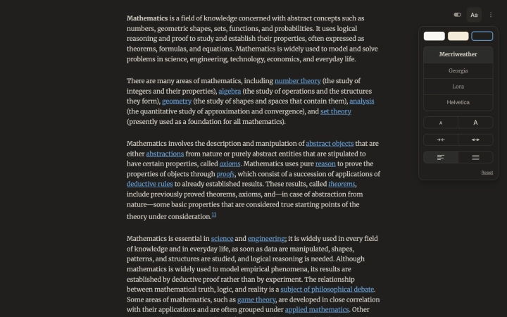 The Wikipedia article on Mathematics in the Readability view, with Reading settings open